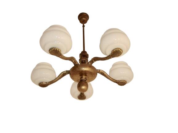 1930s-1940s chandelier – brass and glass, 5 x E27
