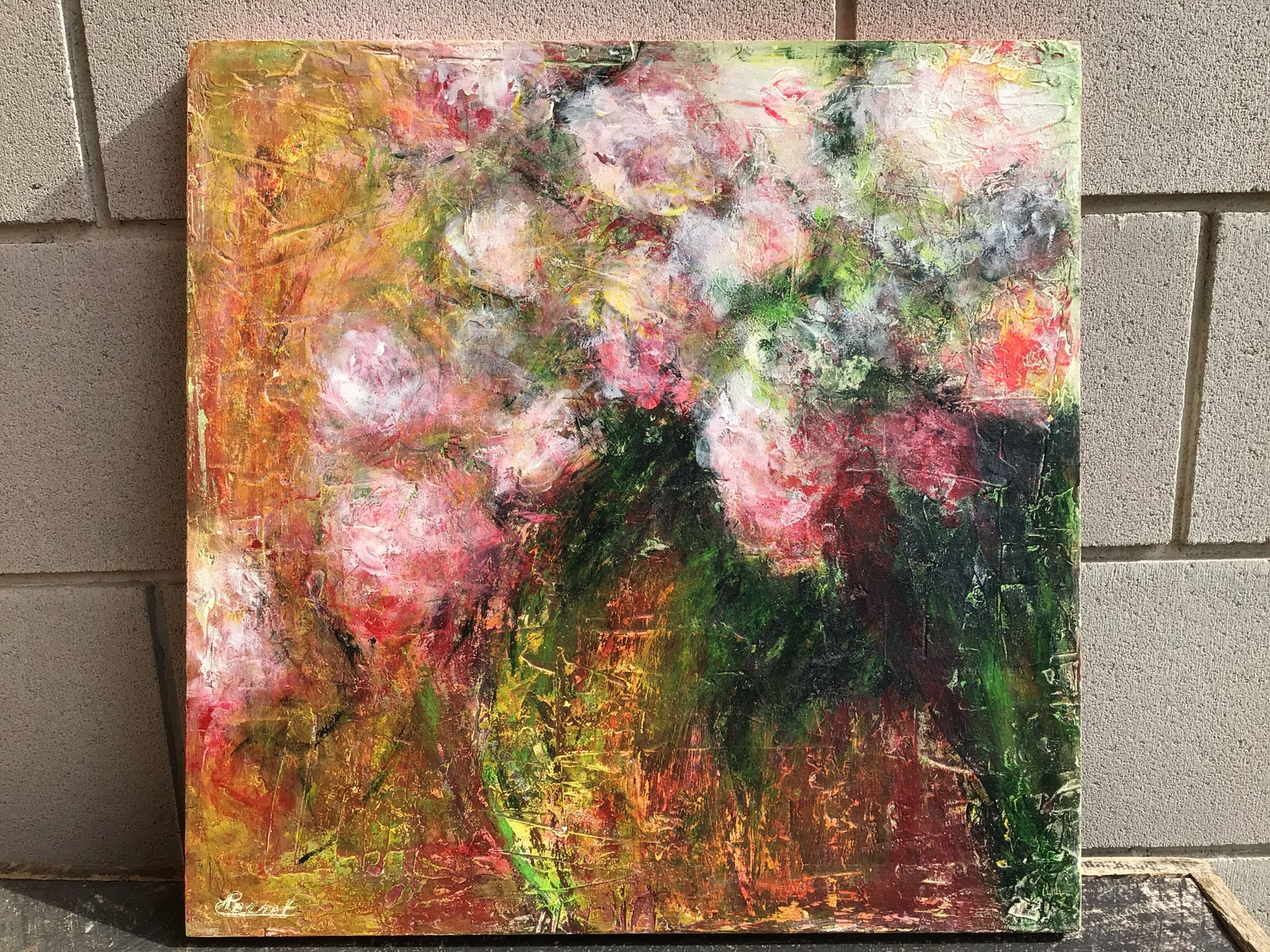 Table oil on wood roses signed Perret