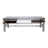 Chrome metal coffee table with smoked glass top.