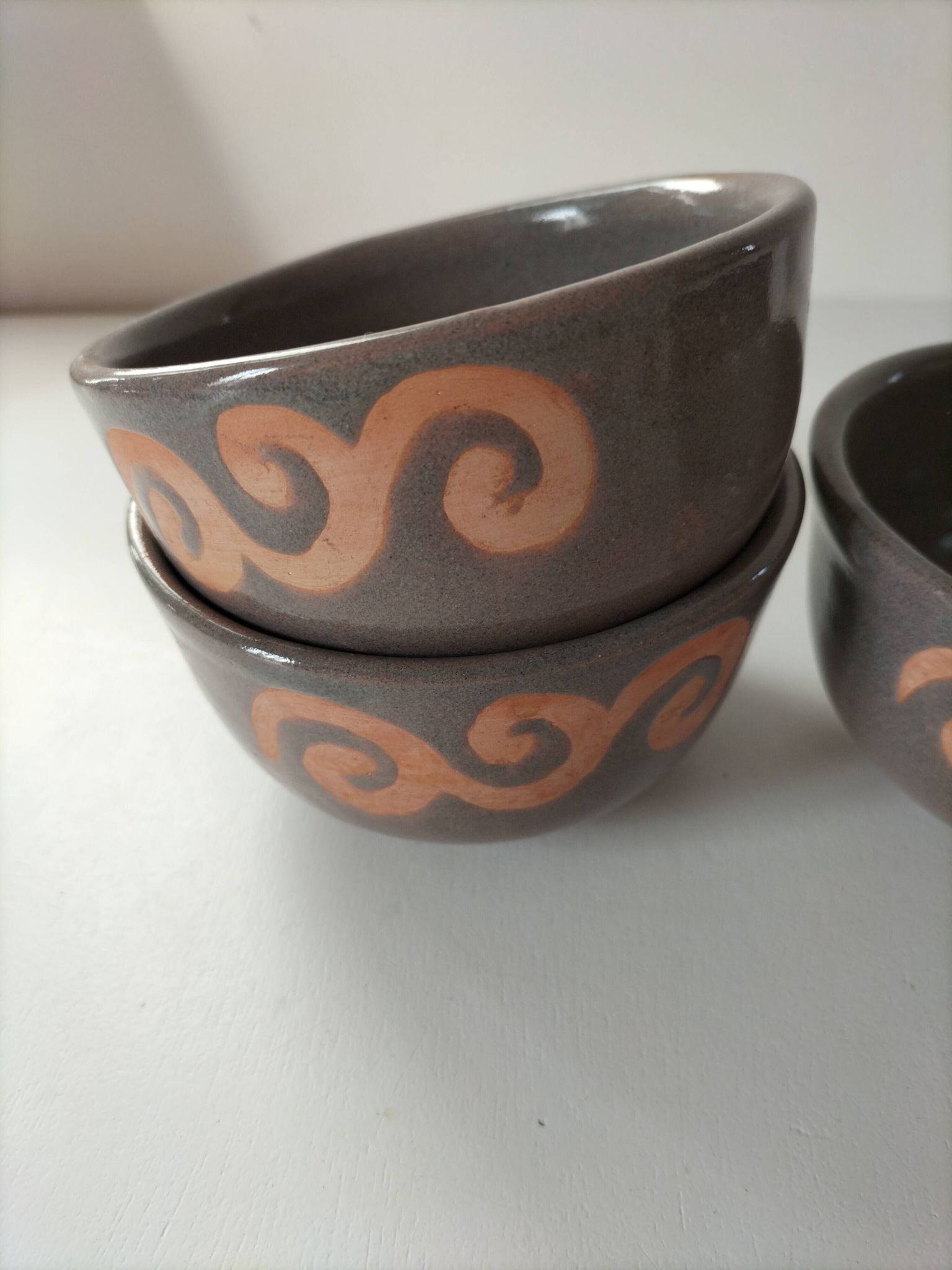 Set of 3 signed glazed stoneware bowls