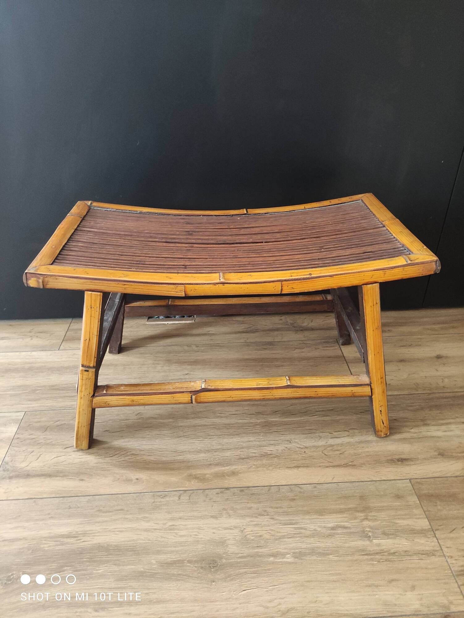 Vintage Asian stool or footrest in honey bamboo and brown rattan