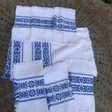 Rectangular tea tablecloth and 6 napkins, made in France, Basque linen, white and blue, Vintage