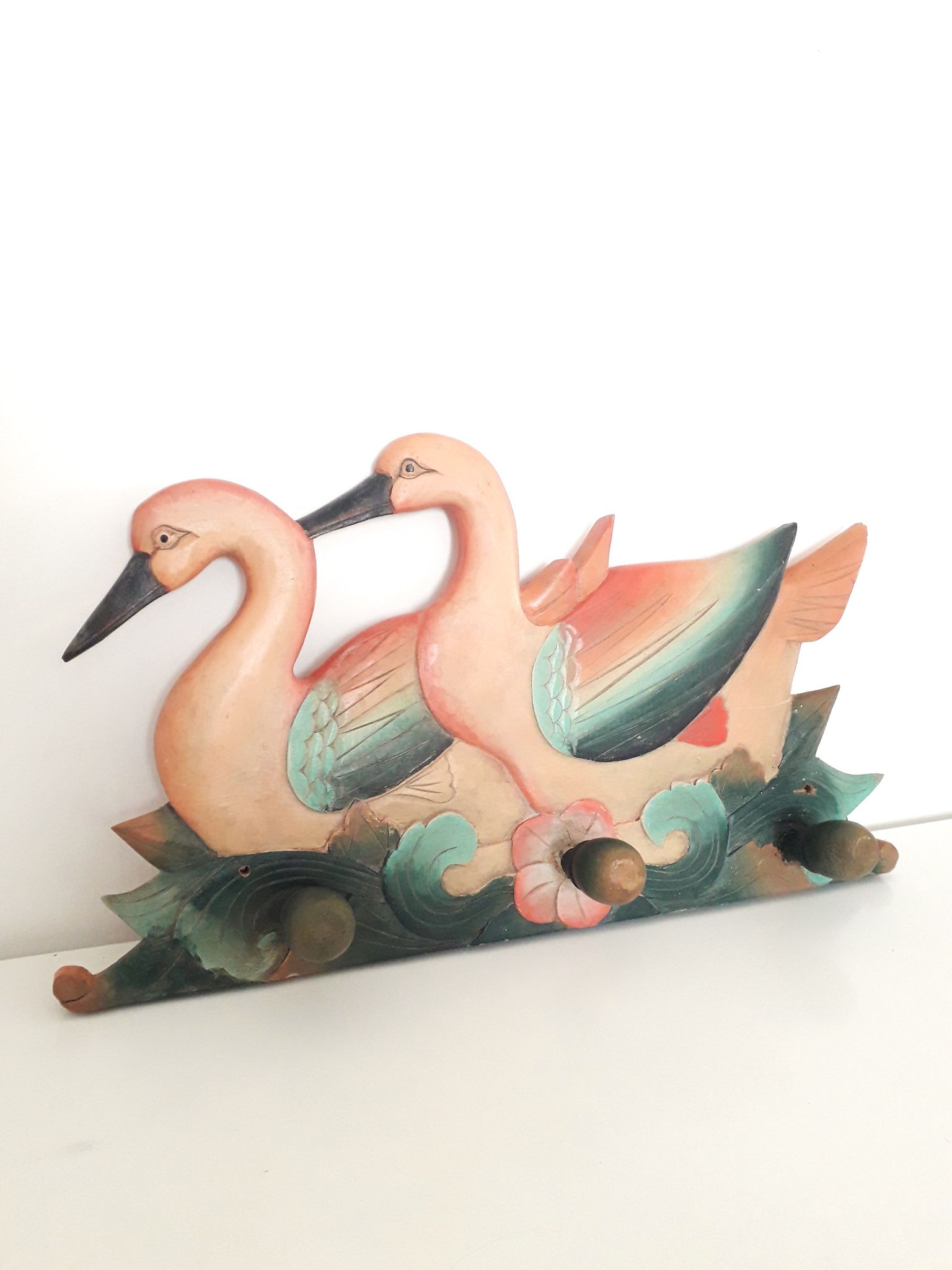 Vintage wall coat rack - Carved wood duck patterns - 1900