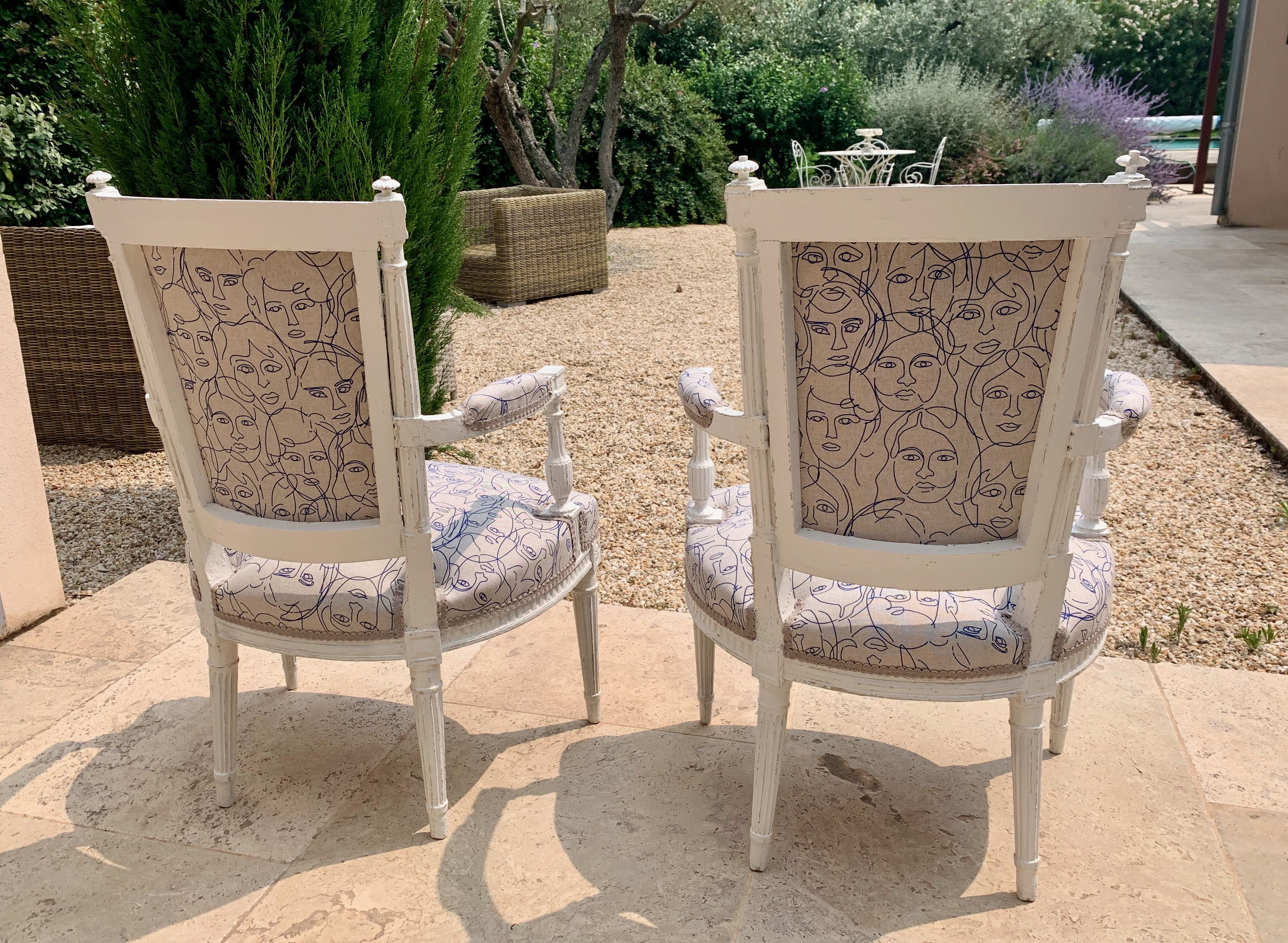 Pair of patinated louis xvi period armchairs, new tapestry