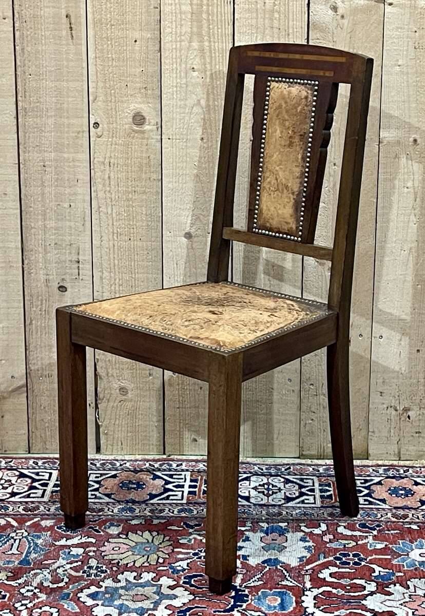 Series of 6 Art Deco chairs in mahogany and leather from the 1930s