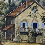 Gouache painting early 20th century Landscape at the mill and boat trip on the Marne