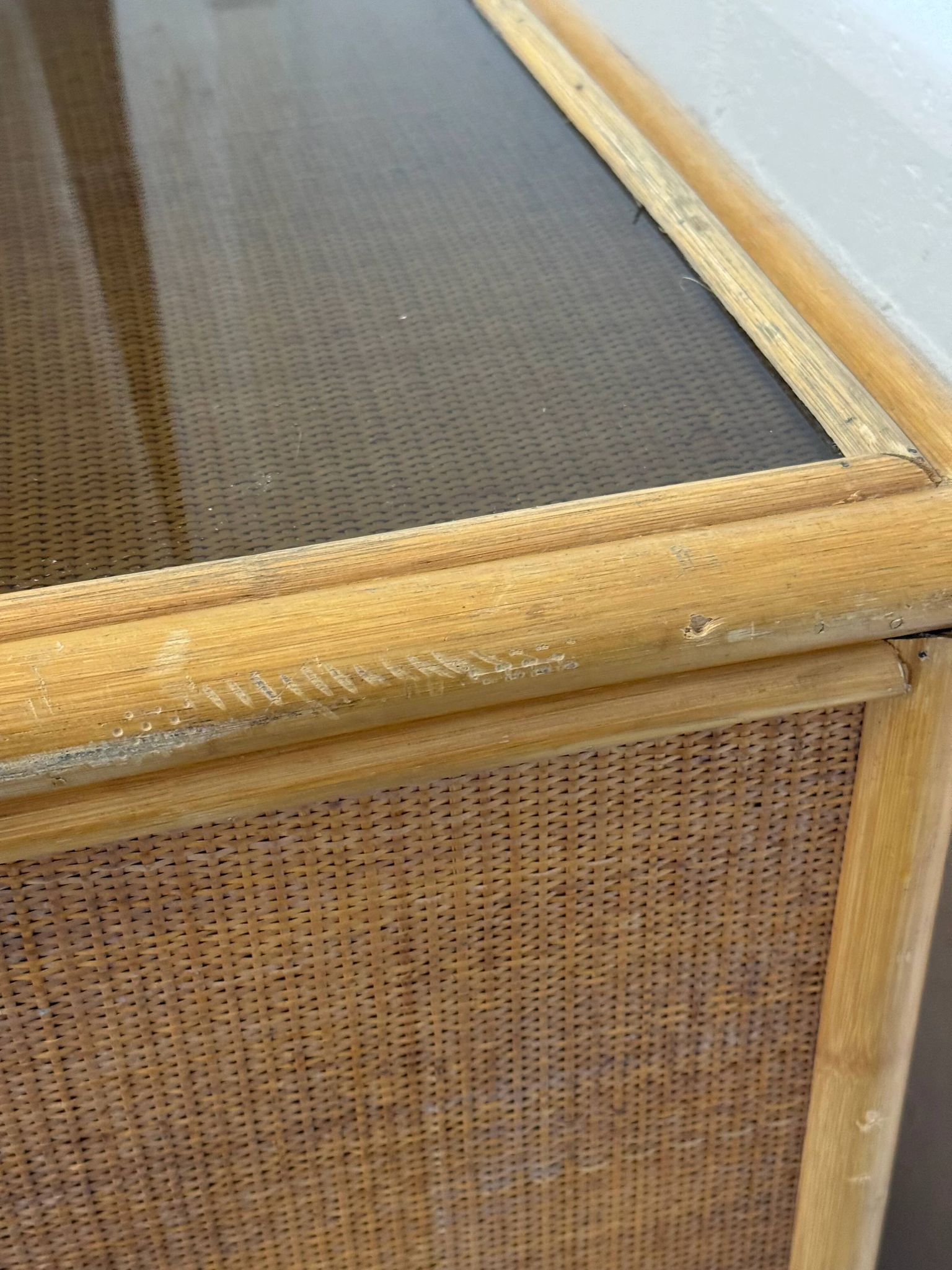 Vintage bamboo and woven rattan desk — glass top