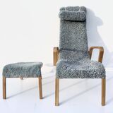 Vintage Easy Chair with Ottoman Sheepskin Midcentury Scandinavian design
