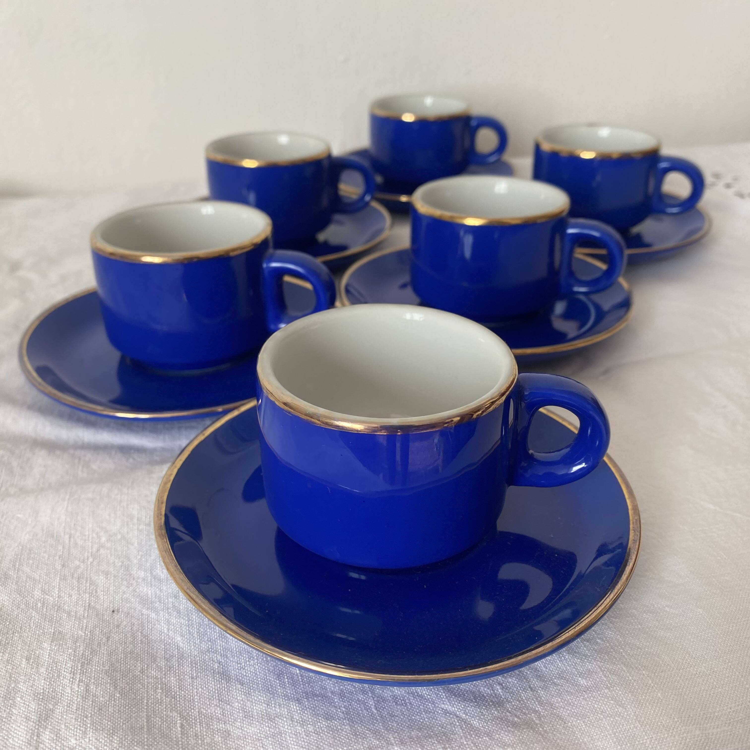 Bistro coffee cups with saucers in cobalt blue porcelain