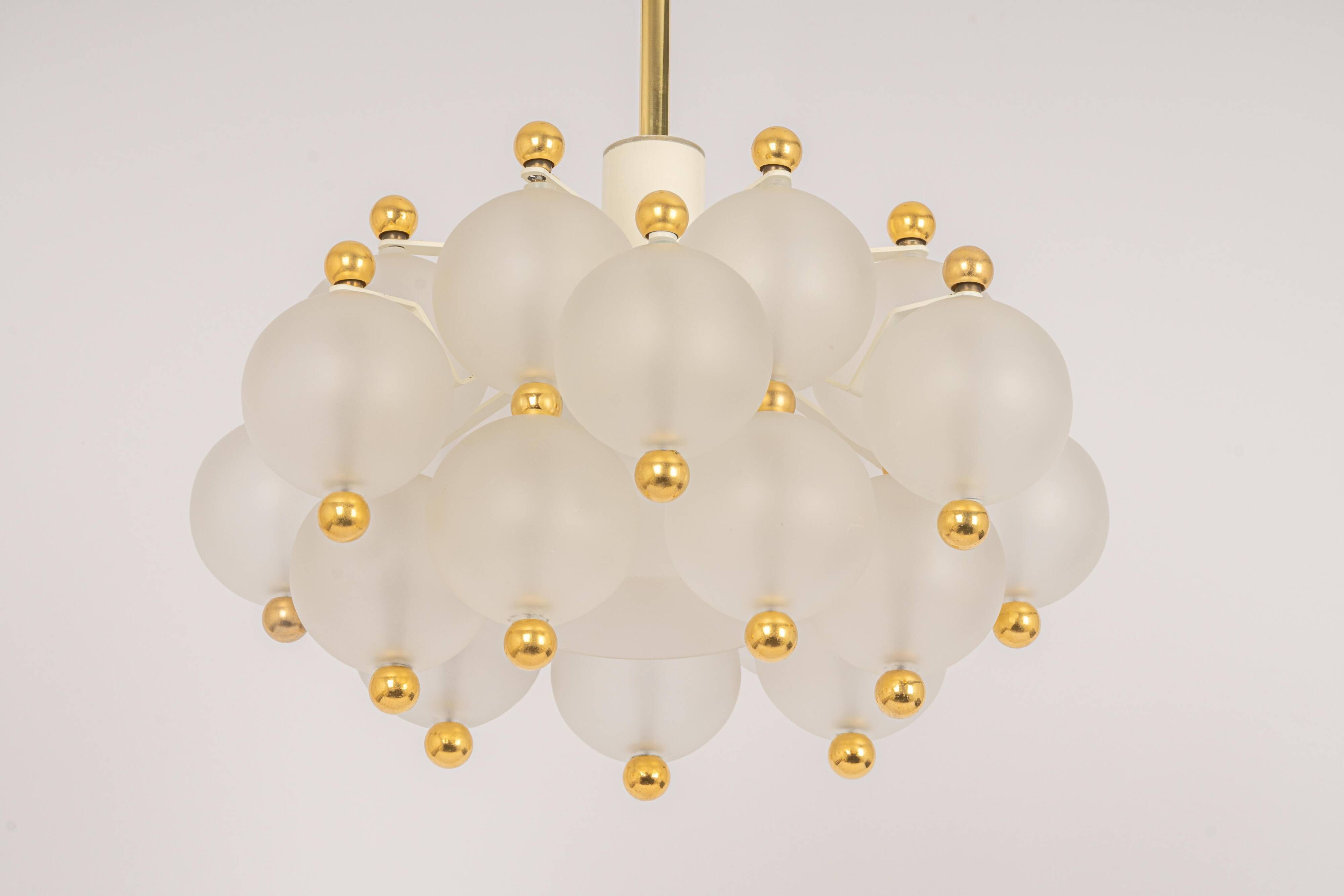Large frosted glass and brass chandelier by Kinkeldey, Germany, 1970s.