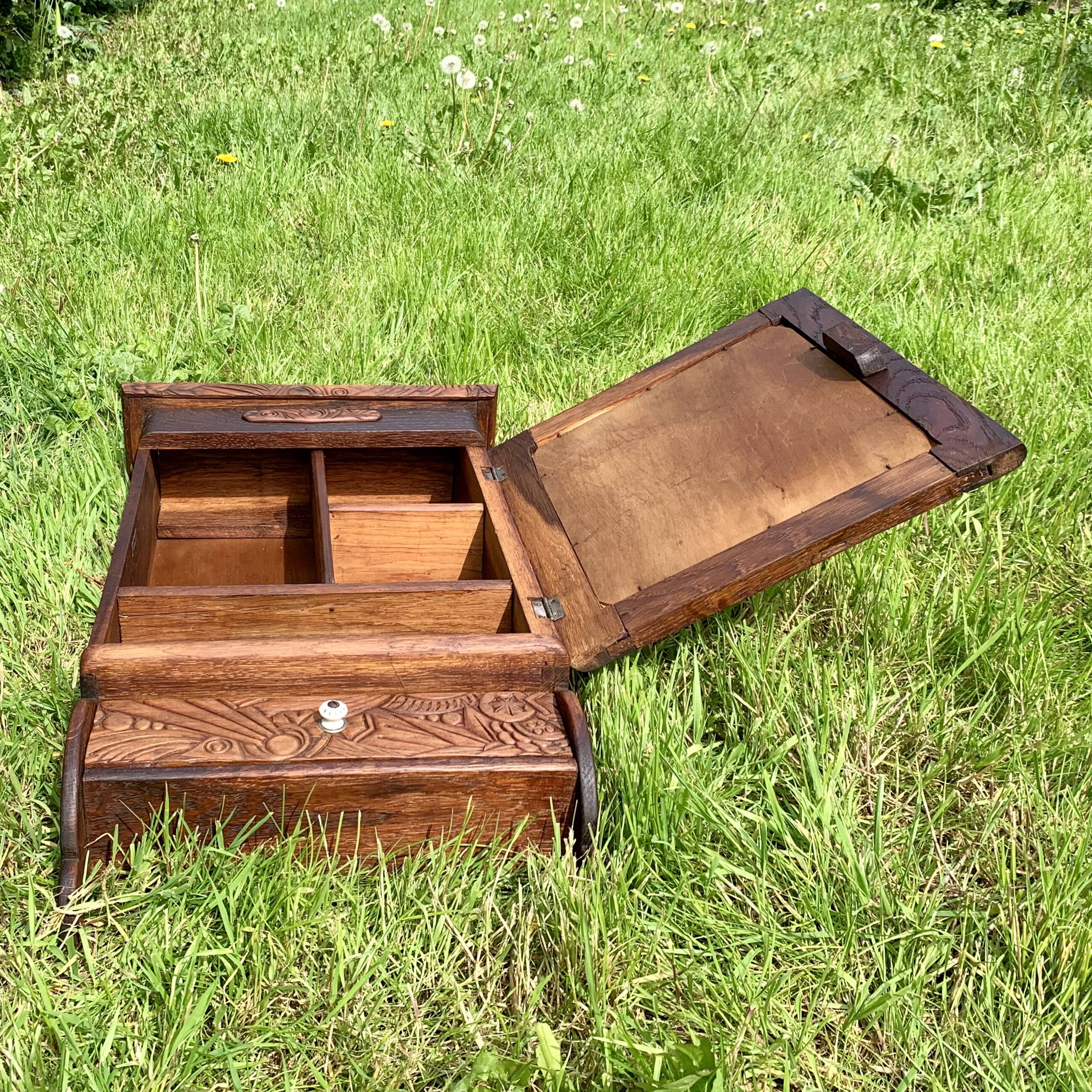 Old carved wooden medicine cabinet with beveled mirror