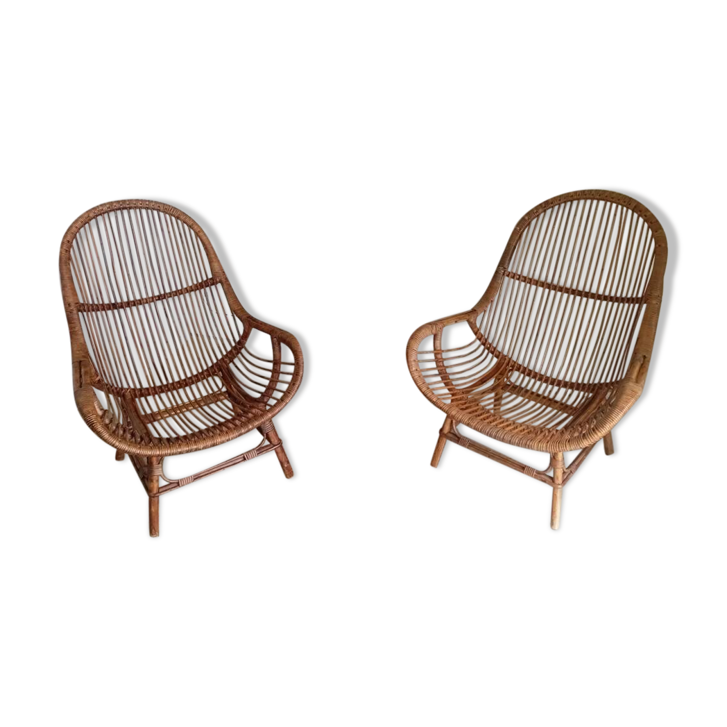 Pair of high-back rattan armchairs