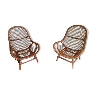 Pair of high-back rattan armchairs