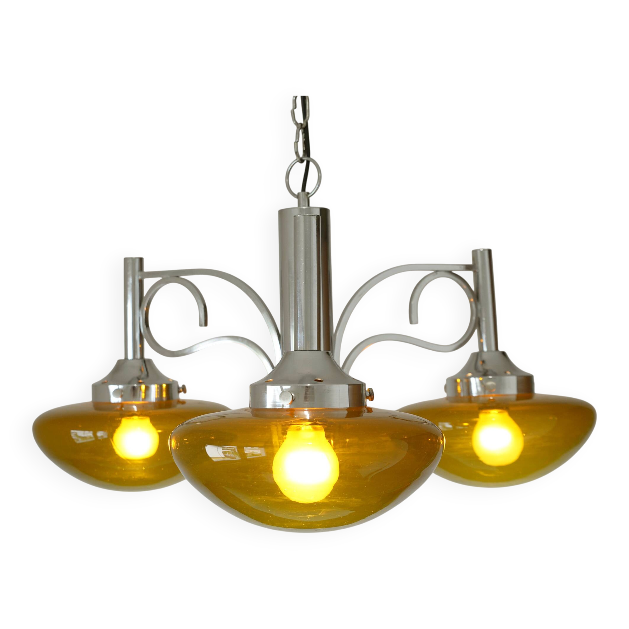 Lustre vintage en chrome, lampe suspendue en verre ambré moderne du milieu du siècle