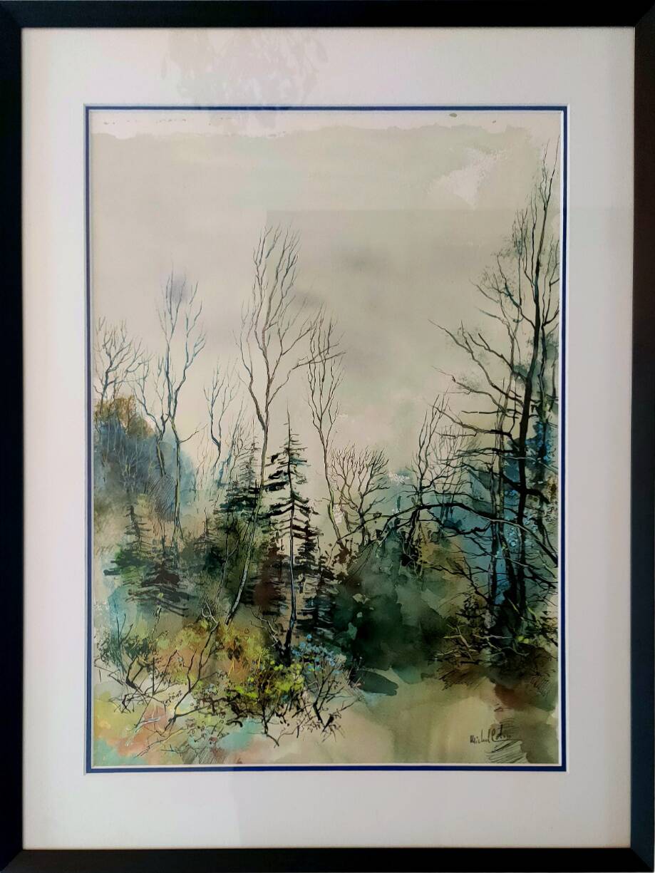 Painting signed Michel COLIN (1934) – Watercolor – Vosges undergrowth