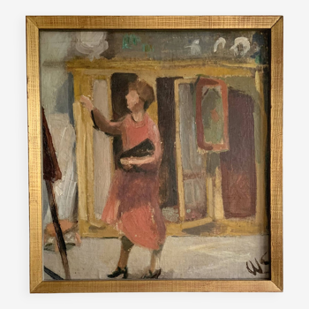 Intérieur vintage huile sur toile avec femme signé par l'artiste WS, vers 1950