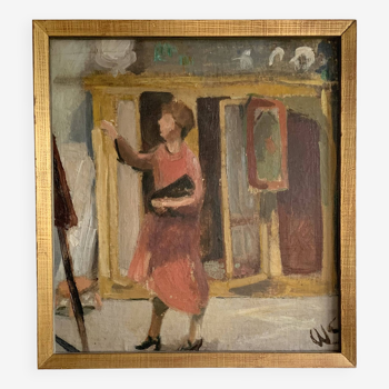 Vintage Oil On Canvas Interior with Woman Signed By Artist W.S., circa 1950s