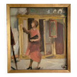 Vintage Oil On Canvas Interior with Woman Signed By Artist W.S., circa 1950s