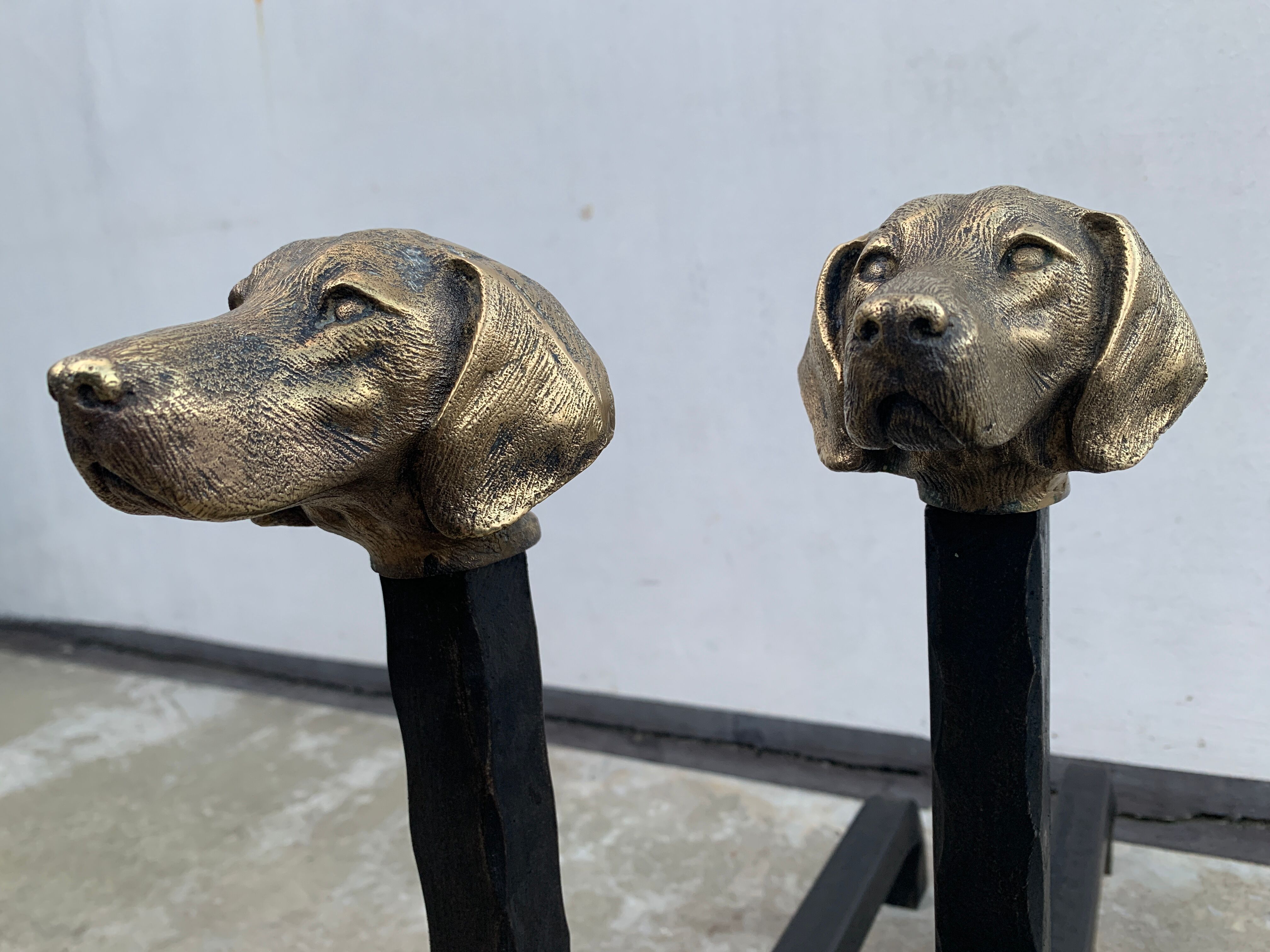 Pair of metal chenets decorated with brass dog heads