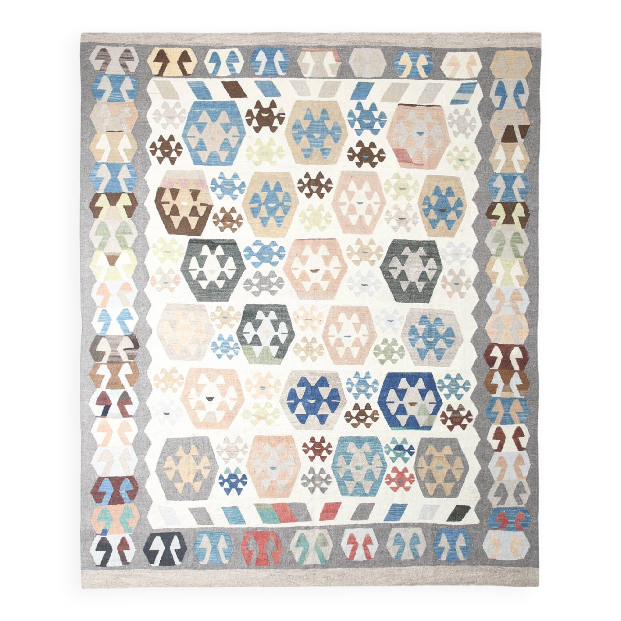 Tapis Kilim de luxe de style rare géométrique 9x11, tapis Kilim vintage de grande surface