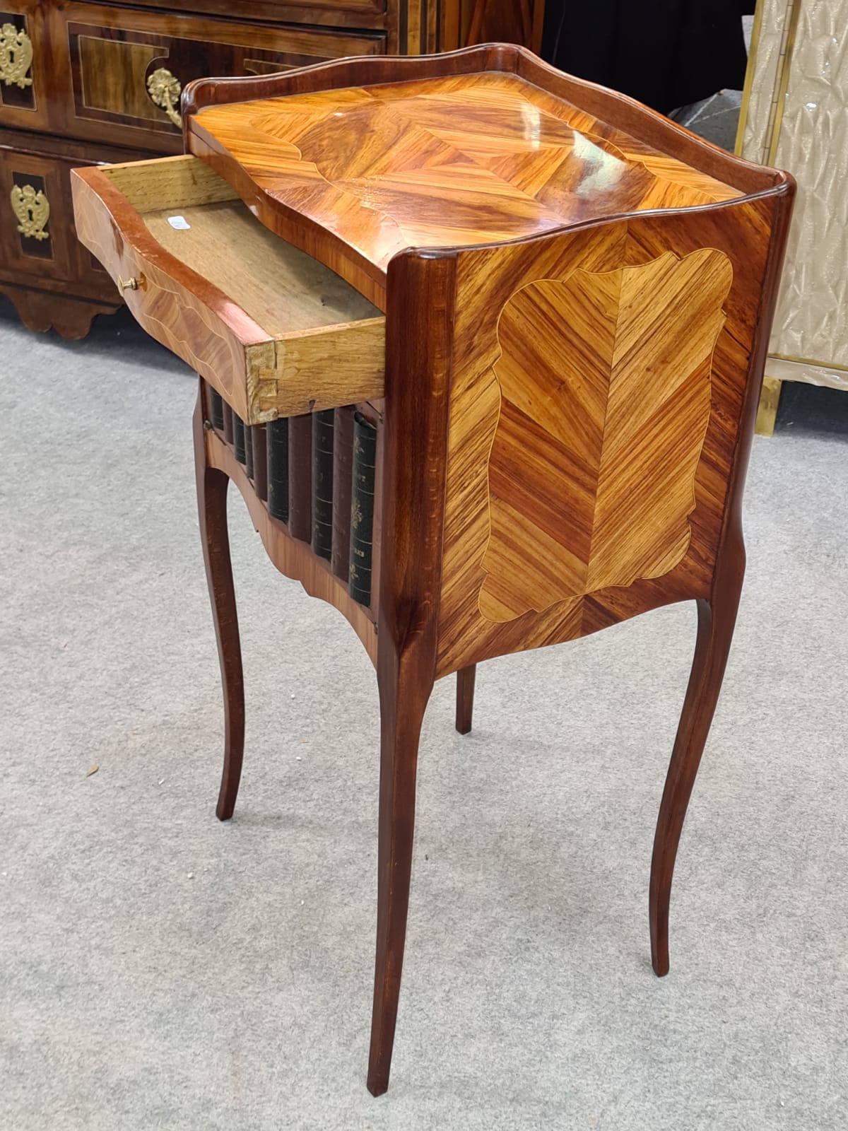 19th century marquetry and leather bedside, 19th century