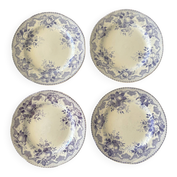 Lot de 4 assiettes à dessert Creil & Montereau Bouquets • Faïence anci
