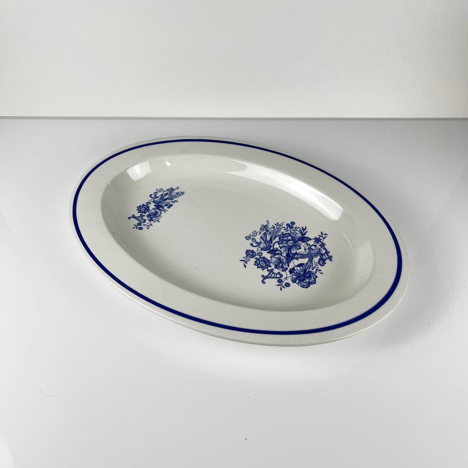 Large white & blue oval dish, bird and flower motif