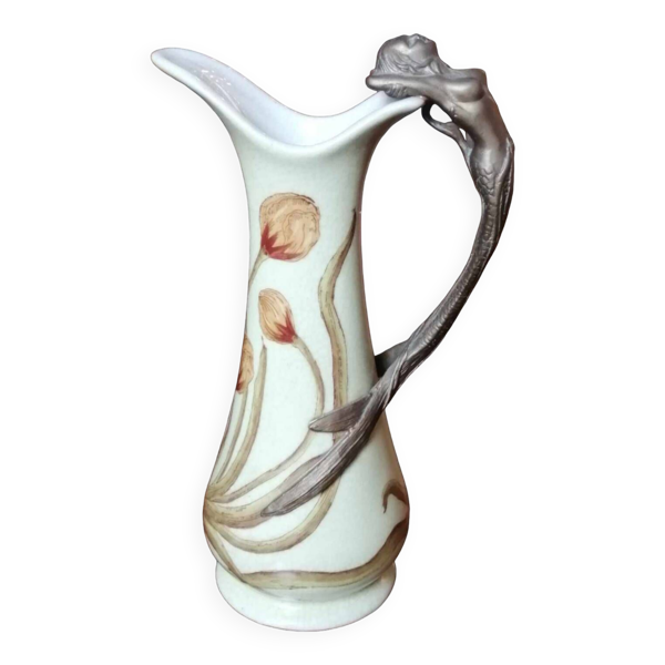 Ancienne carafe Art Nouveau céramique et anse bronze décor sirène/Anno 1906