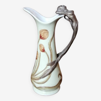 Old Art Nouveau ceramic carafe and bronze handle with mermaid decor/Anno 1906