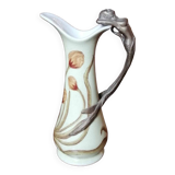 Old Art Nouveau ceramic carafe and bronze handle with mermaid decor/Anno 1906