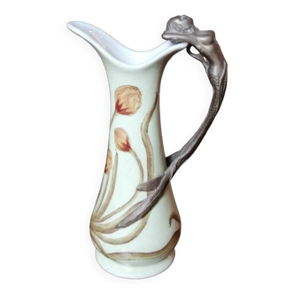 Old Art Nouveau ceramic carafe and bronze handle with mermaid decor/Anno 1906