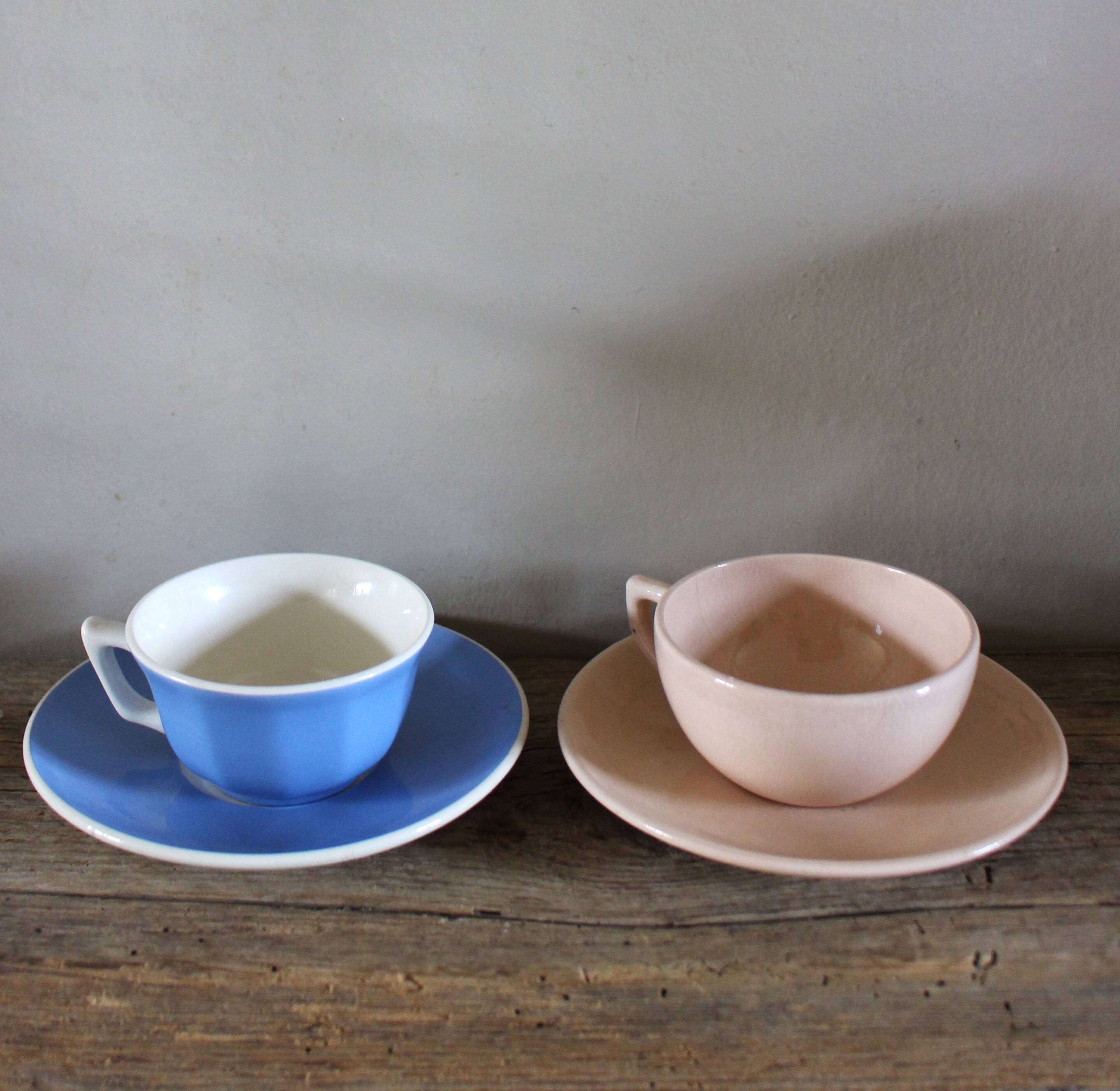 2 coffee cups and saucers pink Digoin Sarreguemines blue Villeroy Boch