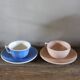 2 coffee cups and saucers pink Digoin Sarreguemines blue Villeroy Boch