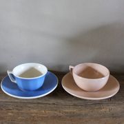 2 coffee cups and saucers pink Digoin Sarreguemines blue Villeroy Boch