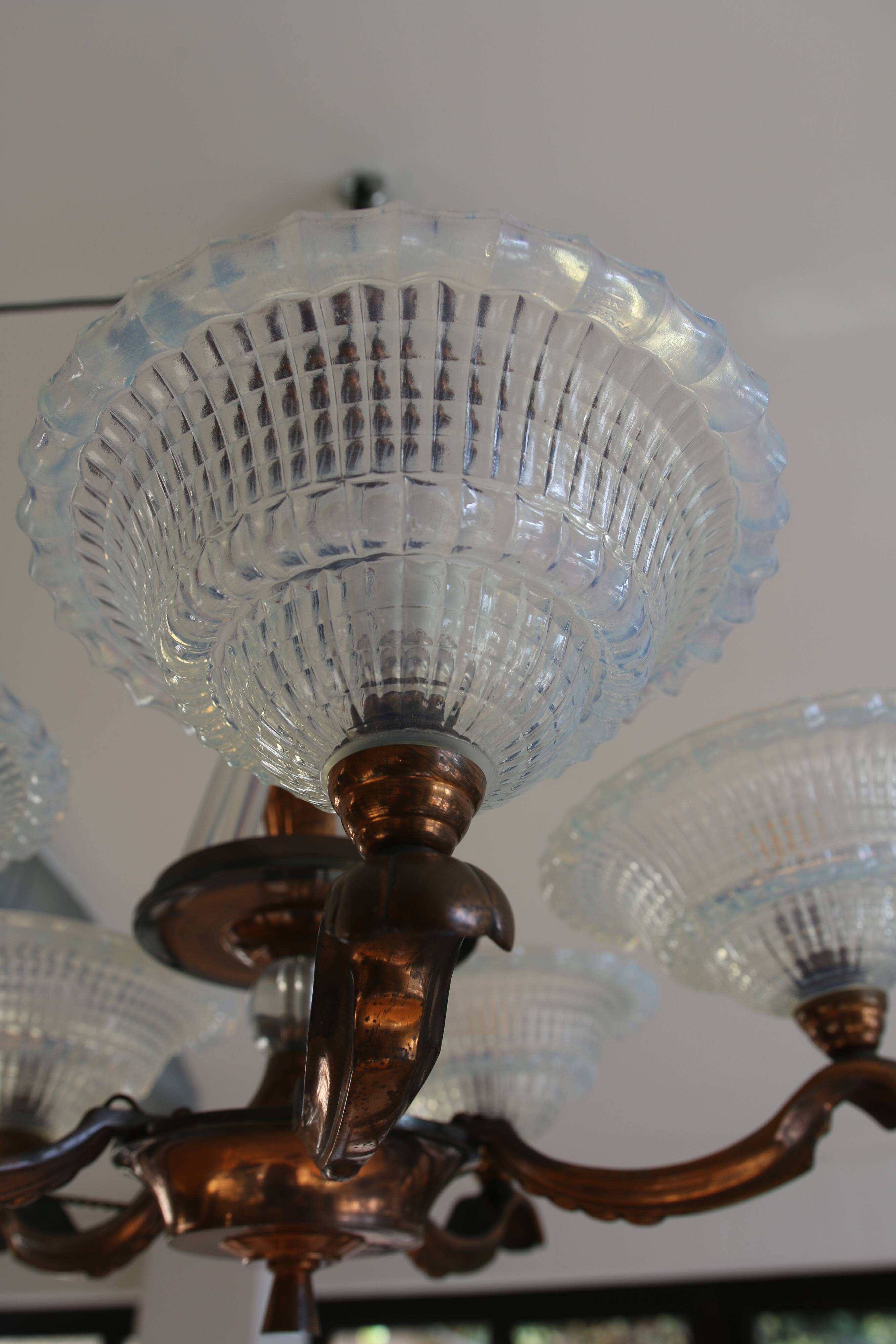 Art Deco lustre, opalescent glass, Ezan & Petitot, signed.