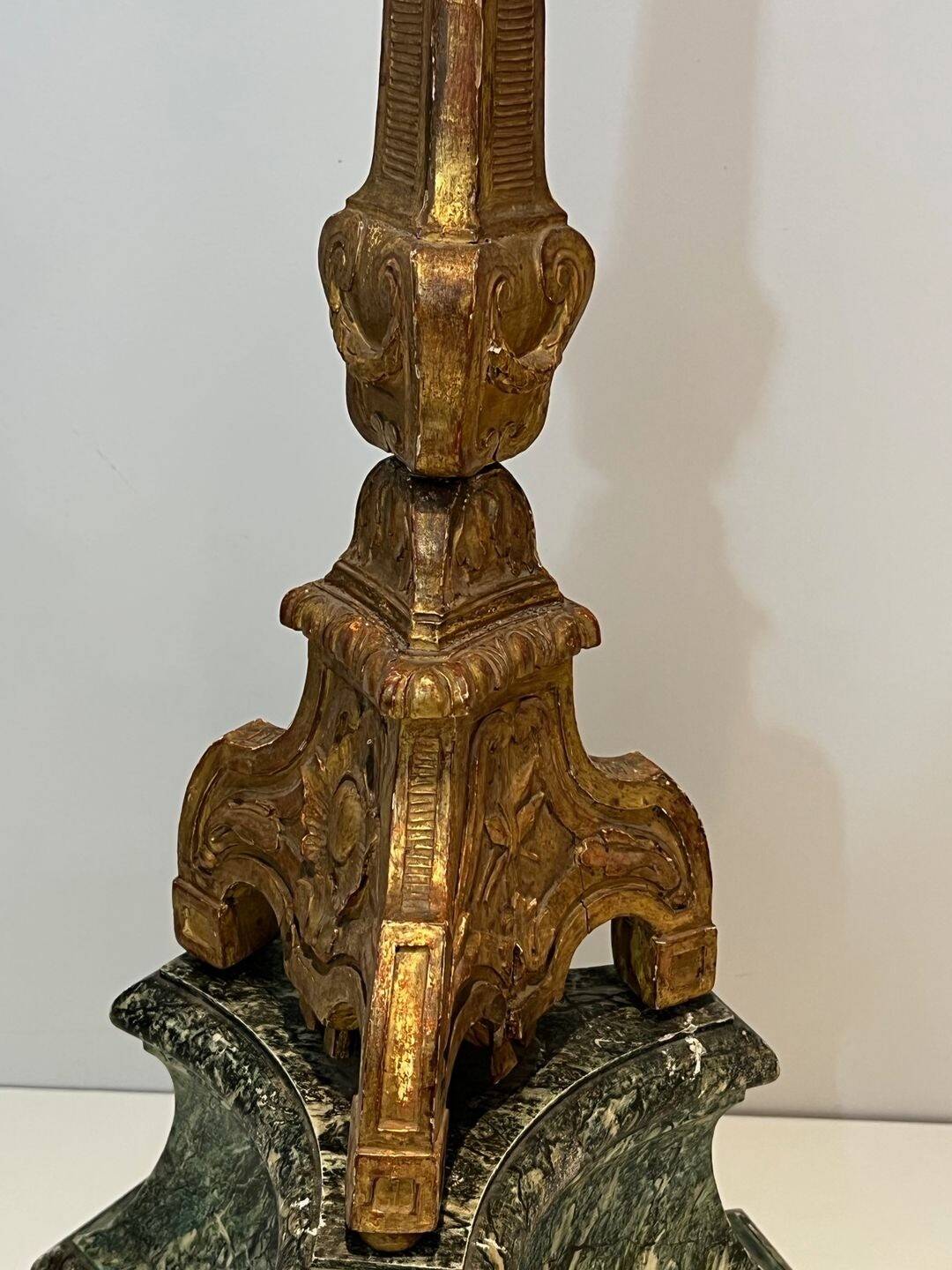 Large Gilded Carved Wooden Candelabrum on Patinated Base, French Work, v