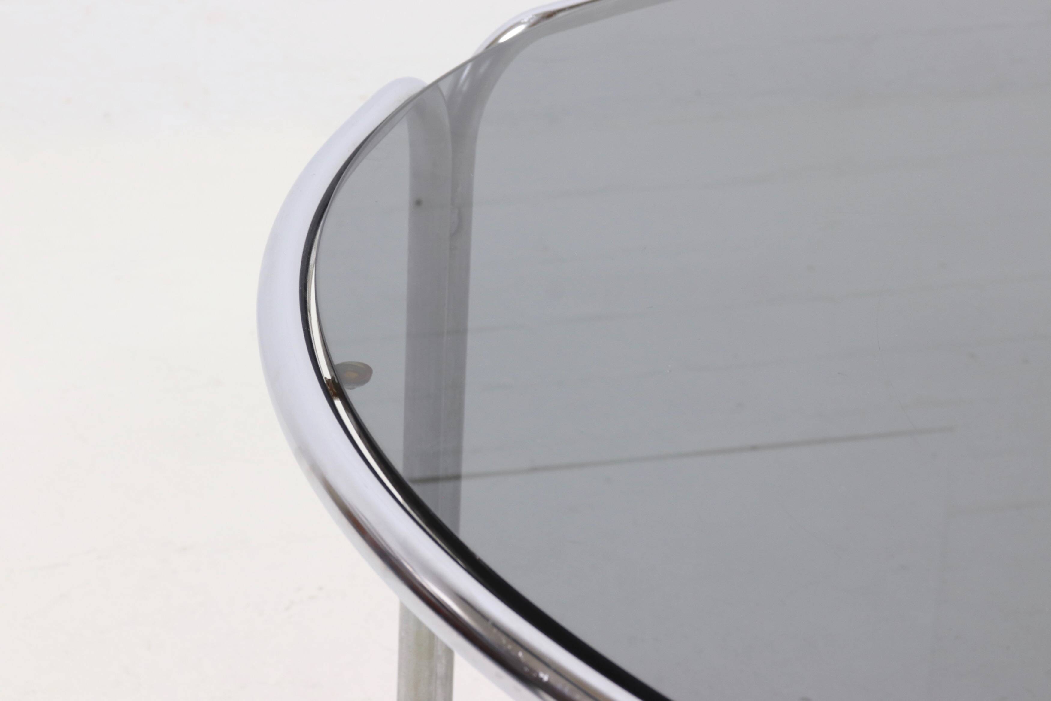 Italian Modern Chrome and Smoked Glass Round Dining Table 1970s