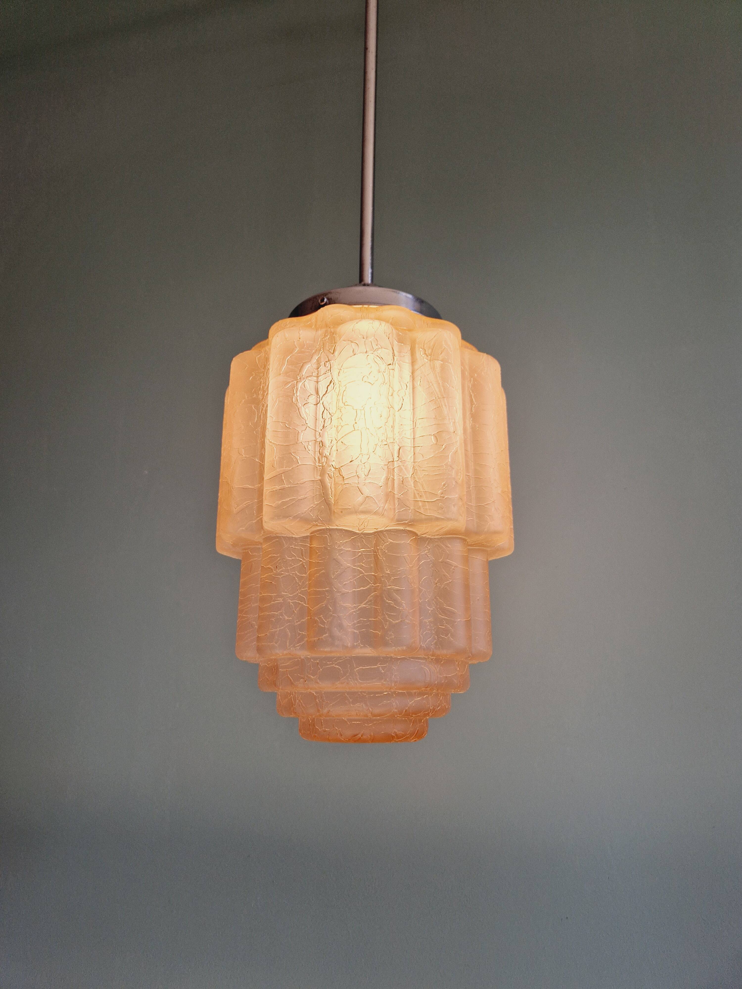Art Deco Skyscraper pendant light in pink cracked glass