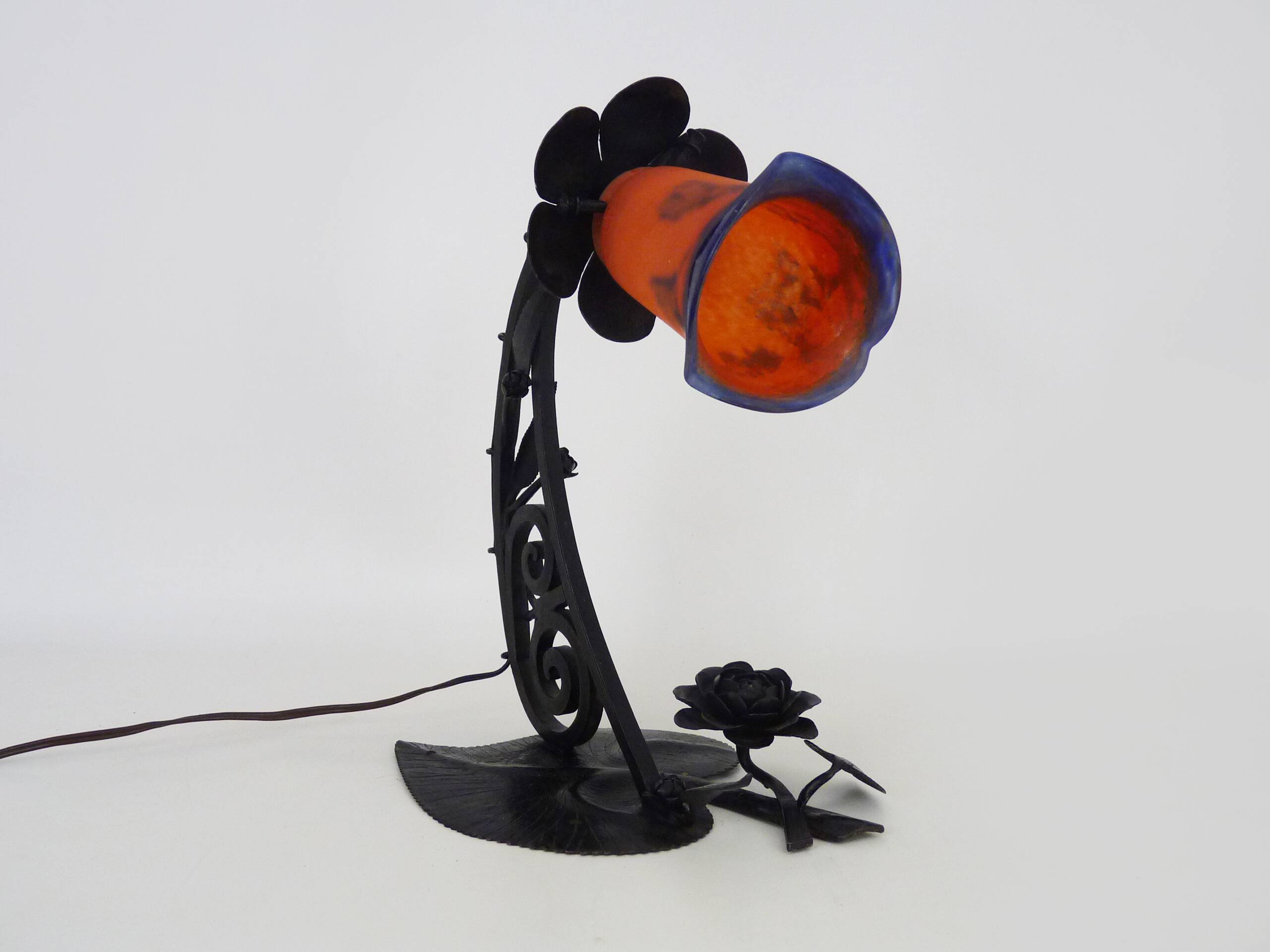 Art Deco Noverdy tulip lamp with black wrought iron base. 1930s