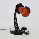Art Deco Noverdy tulip lamp with black wrought iron base. 1930s