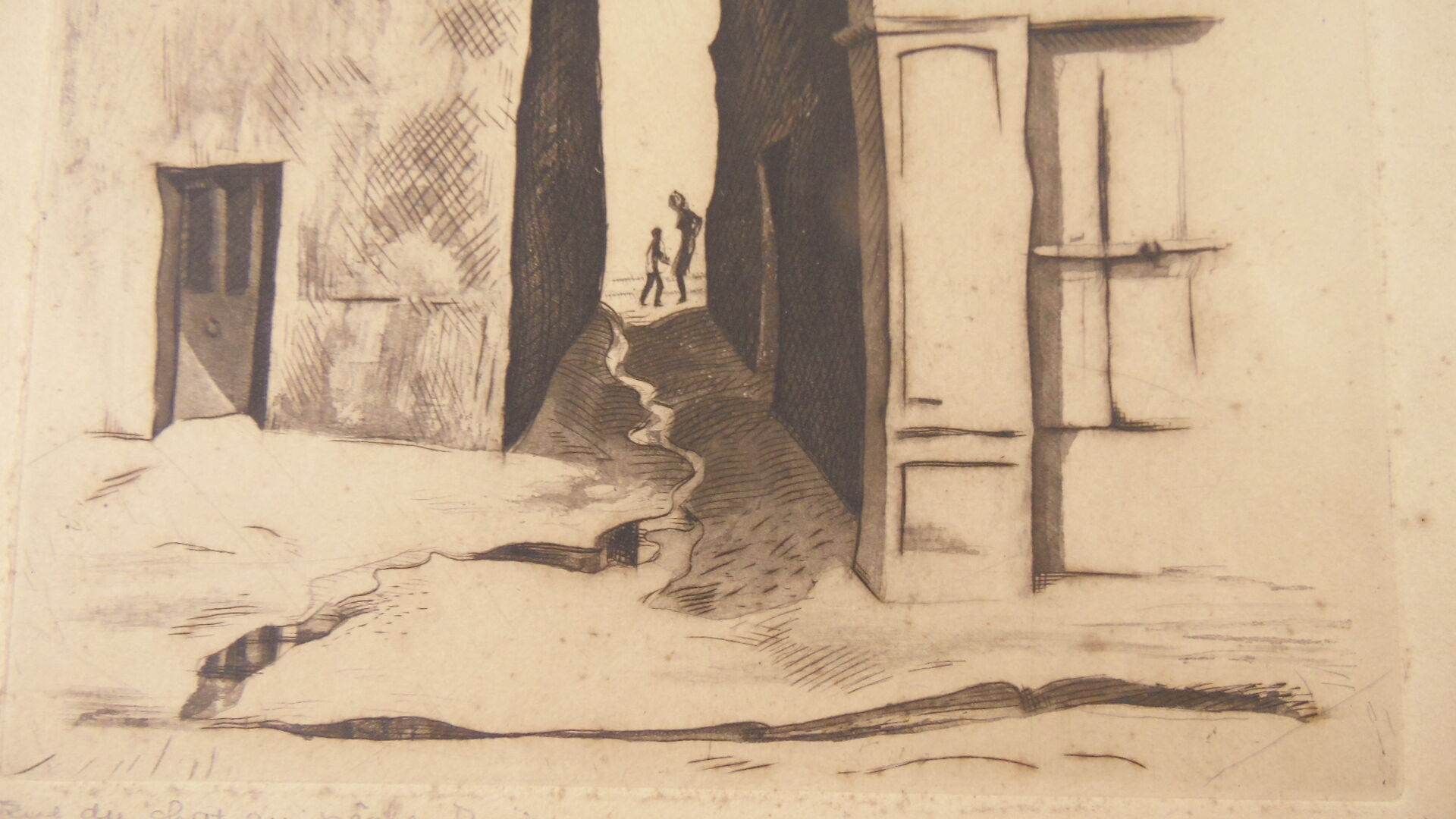 Cadre ancienne gravure Rue du chat qui peche à Paris signée