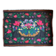 Romanian black wool carpet with a basket of colorful flowers