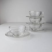 4x Transparent Glass Cups and Saucers with Grooved Embossing – Art Deco Italy 1960s, Elegant Tea Glassware Set