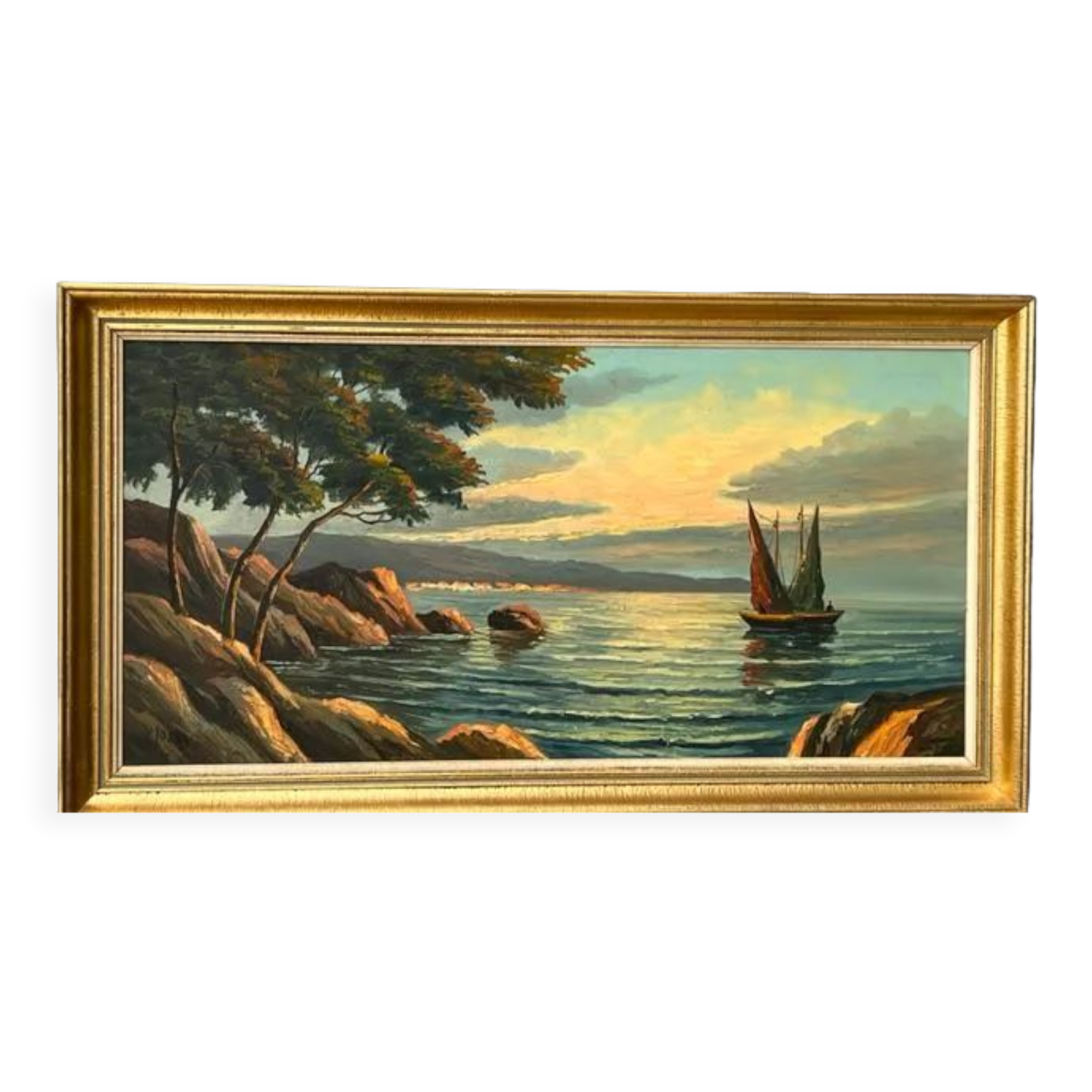 Old painting HST Signed Morel Boat by the Sea