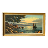 Tableau ancien HST Signé Morel, bateau en bord de mer