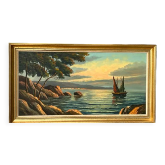 Old painting HST Signed Morel Boat by the Sea