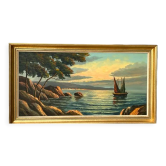 Tableau ancien HST Signé Morel, bateau en bord de mer