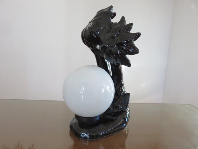 Black ceramic "palm" lamp and white opaline ball 70/80