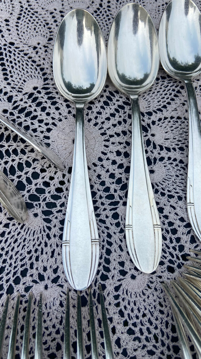 Set of 12 forks and 12 spoons Orbrille silver metal 1950 vintage