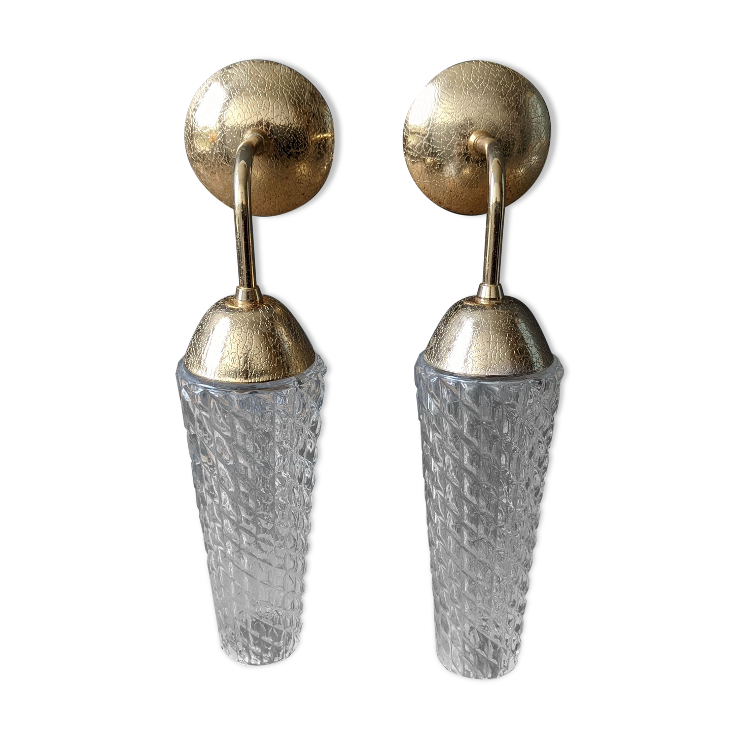 Old pair of vintage wall lamps gold metal and glass